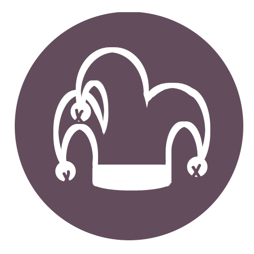 Circular dark purple graphic with a white jester's hat with three bells